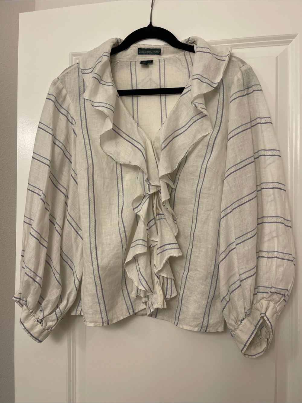 Lauren Ralph Lauren Cream Linen Blouse with Blue Stripes and Ruffle Front